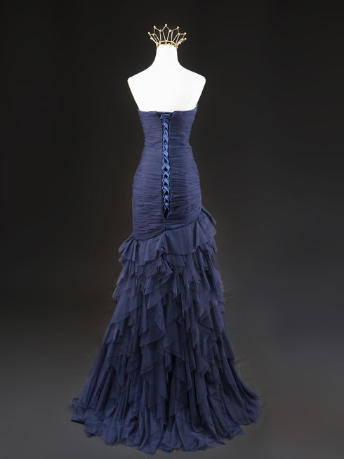Navy Blue Tulle Mermaid Wedding Gown - Strapless Sheath Wedding Dress - Layered Tulle Ruffle Dress Plus Size